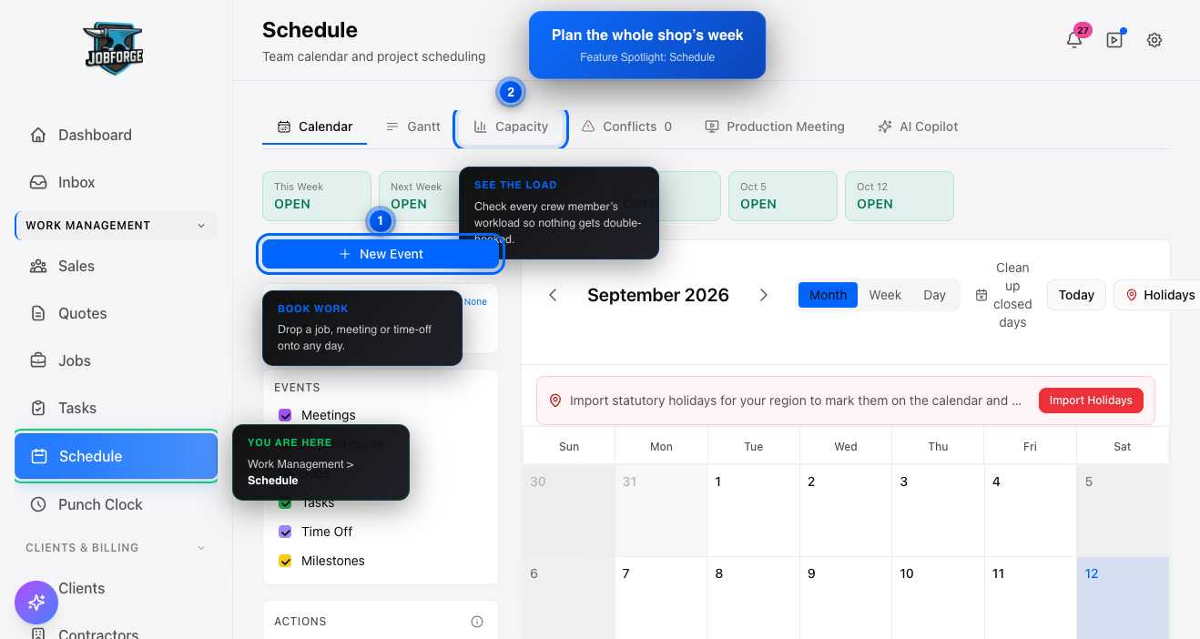 Schedule calendar in JobForge with jobs laid out across the week and the team's workload visible
