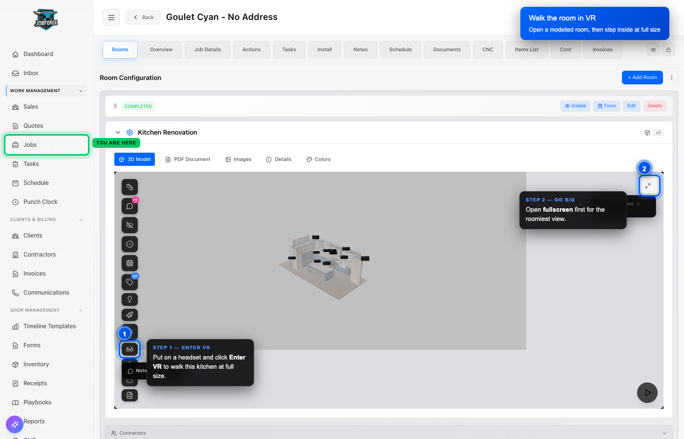 A modelled kitchen open in the JobForge room viewer, with the Enter VR button on the tool rail highlighted and labelled