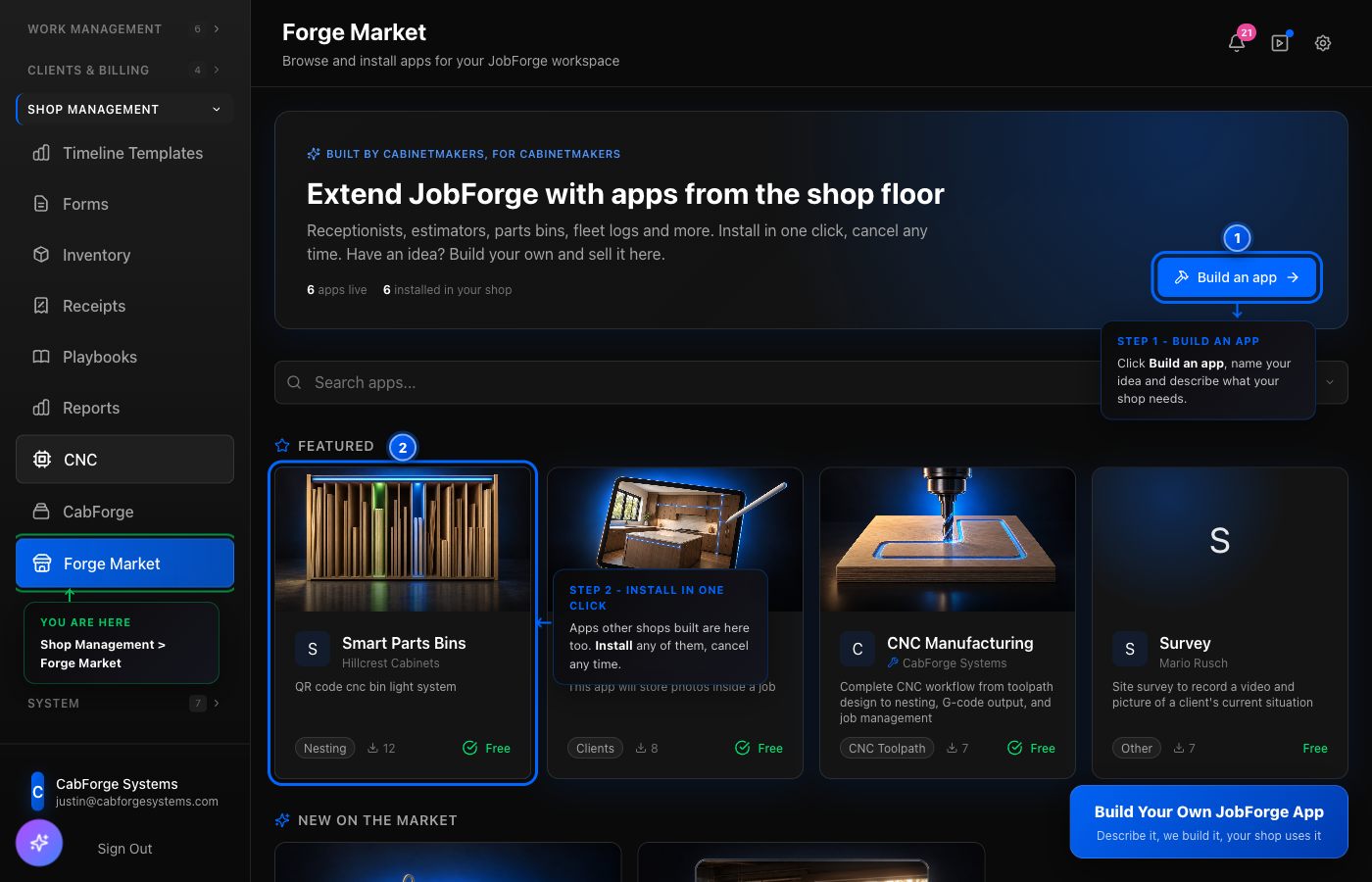 The Forge Market page with the Build an app button highlighted as step 1 and the featured shop-built apps highlighted as step 2