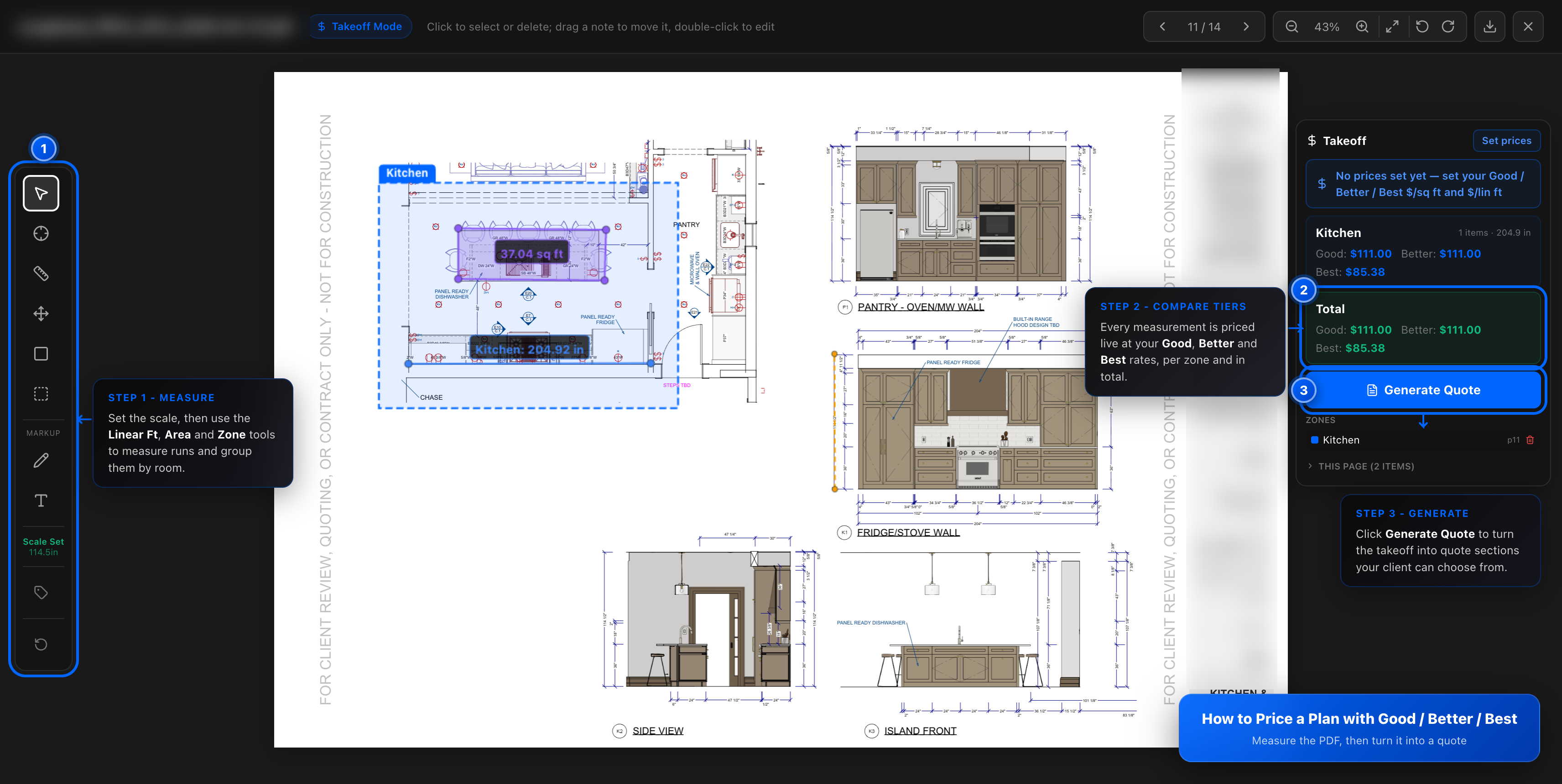 A kitchen plan open in the PDF measure tool with a measured Kitchen zone, the measure toolbar highlighted as step 1, the Good, Better and Best totals as step 2 and the Generate Quote button as step 3