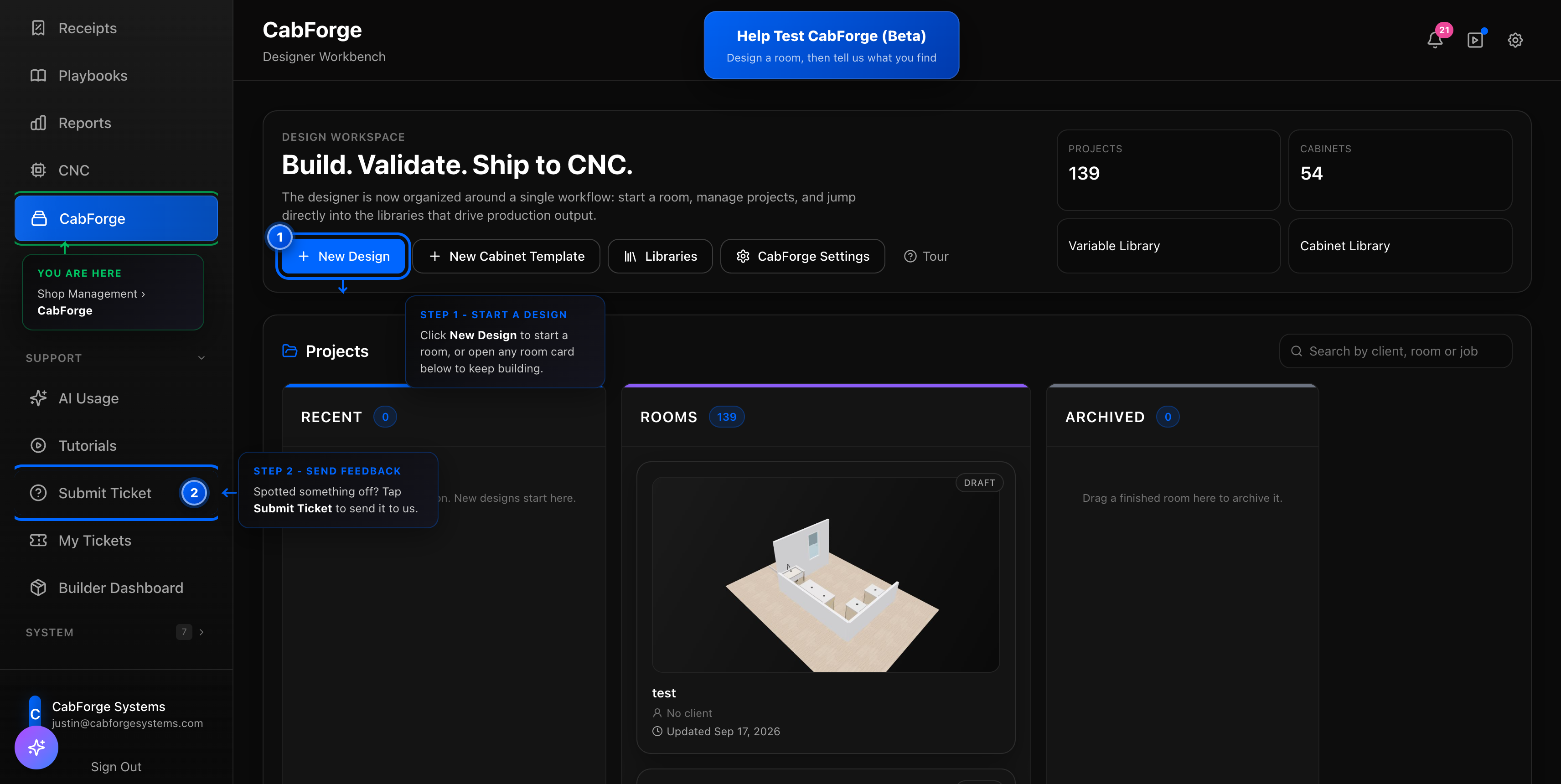 The CabForge designer home page with the New Design button highlighted as step 1 and the Submit Ticket link in the sidebar highlighted as step 2
