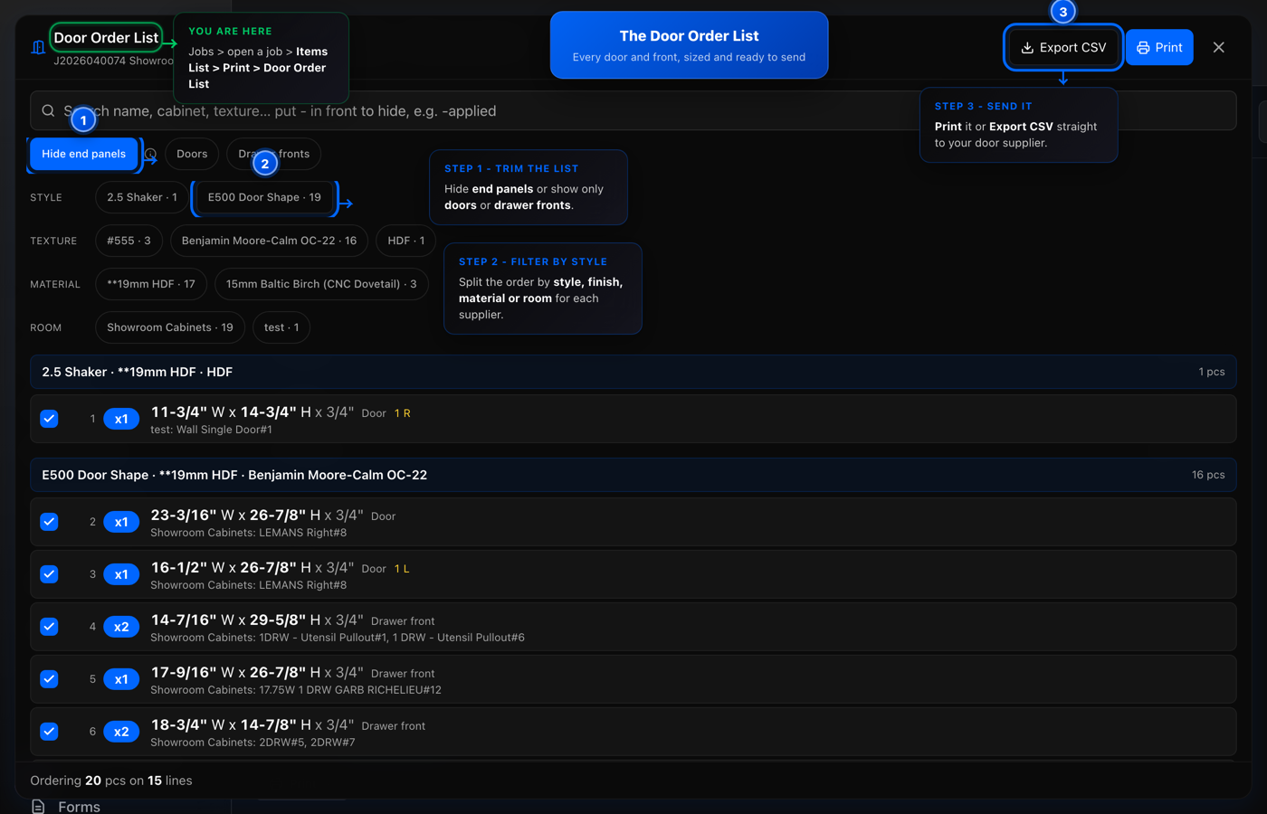 The Door Order List with the Hide end panels filter as step 1, a door style filter as step 2 and the Export CSV button as step 3
