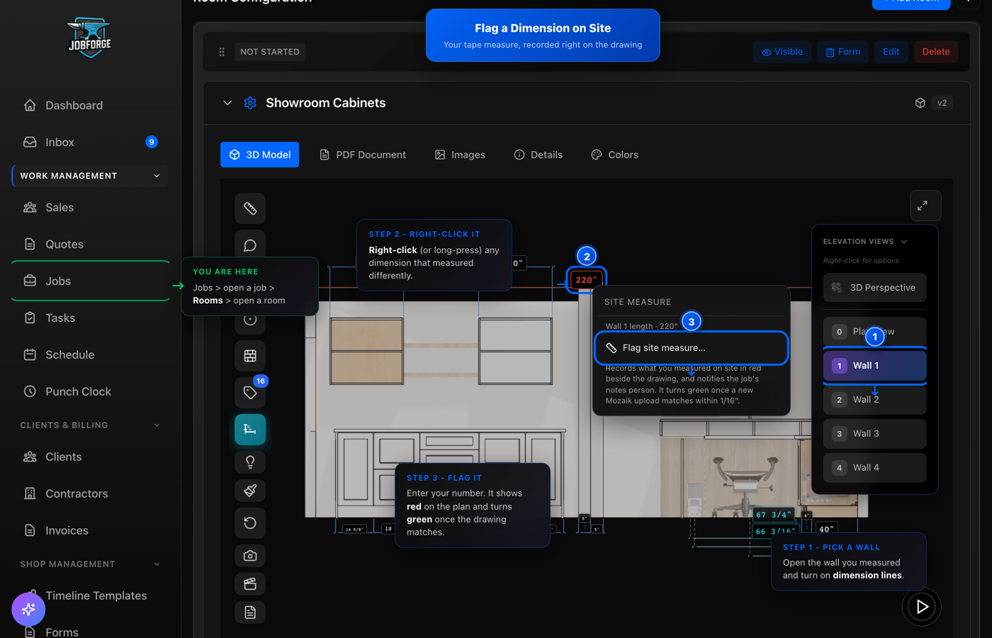 A wall elevation in the room viewer with Wall 1 selected as step 1, the 220 inch wall dimension as step 2 and the Flag site measure menu item as step 3