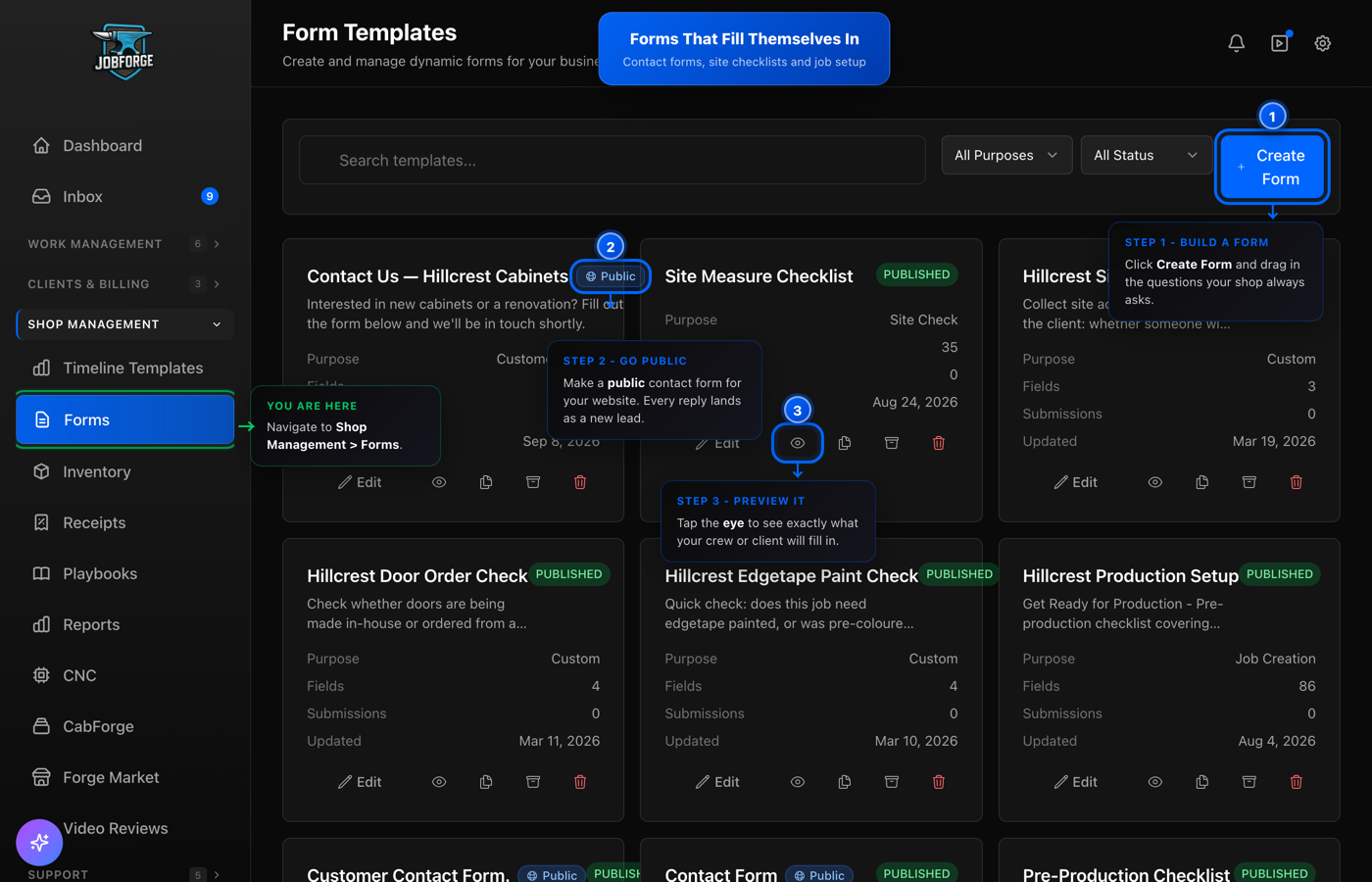 The Form Templates page with the Create Form button as step 1, a Public contact form badge as step 2 and the Preview button as step 3