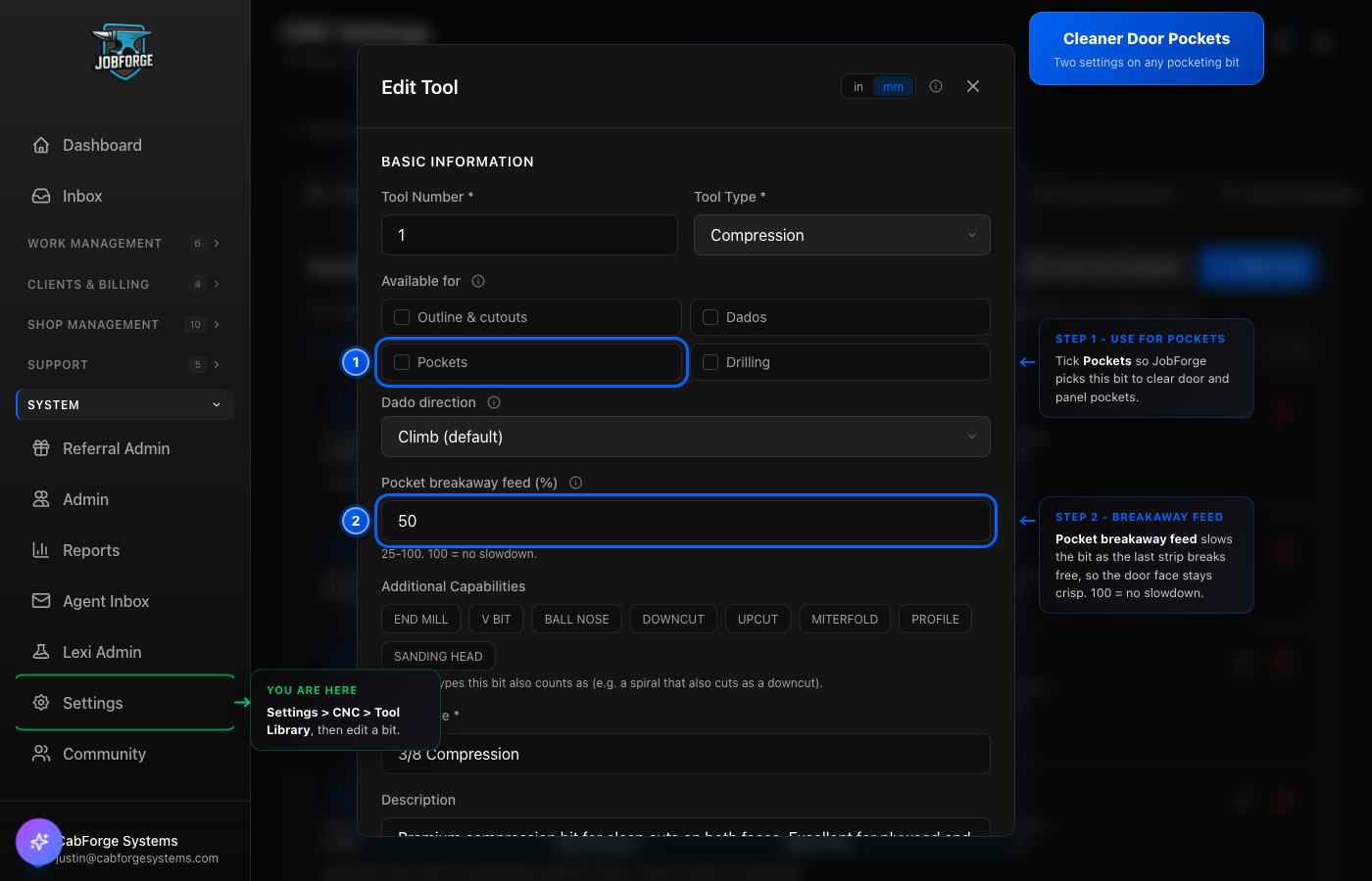 The Edit Tool window with the Pockets option as step 1 and the Pocket breakaway feed percentage as step 2