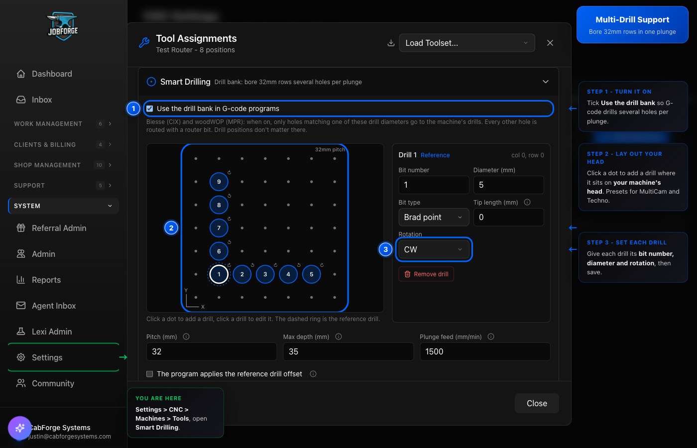 The Smart Drilling setup with the Use the drill bank checkbox as step 1, the drill head layout grid as step 2 and a drill's rotation setting as step 3