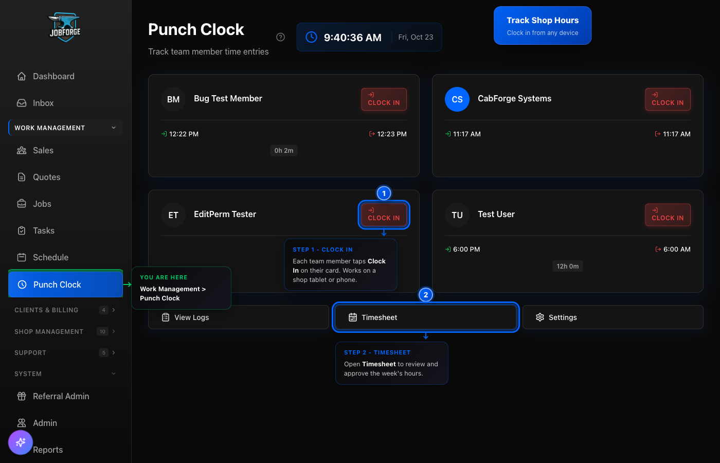 The Punch Clock page with a team member's Clock In button as step 1 and the Timesheet button as step 2